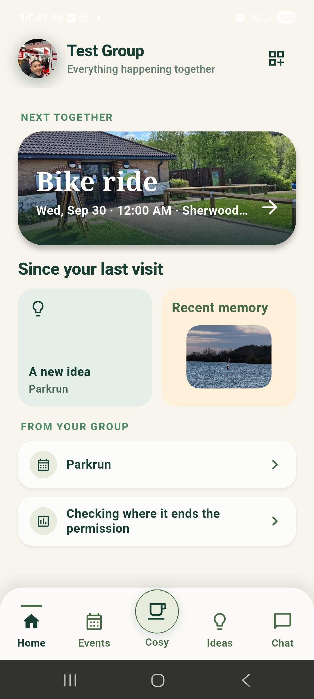 ShallWe Android home screen showing a group event, memories and updates